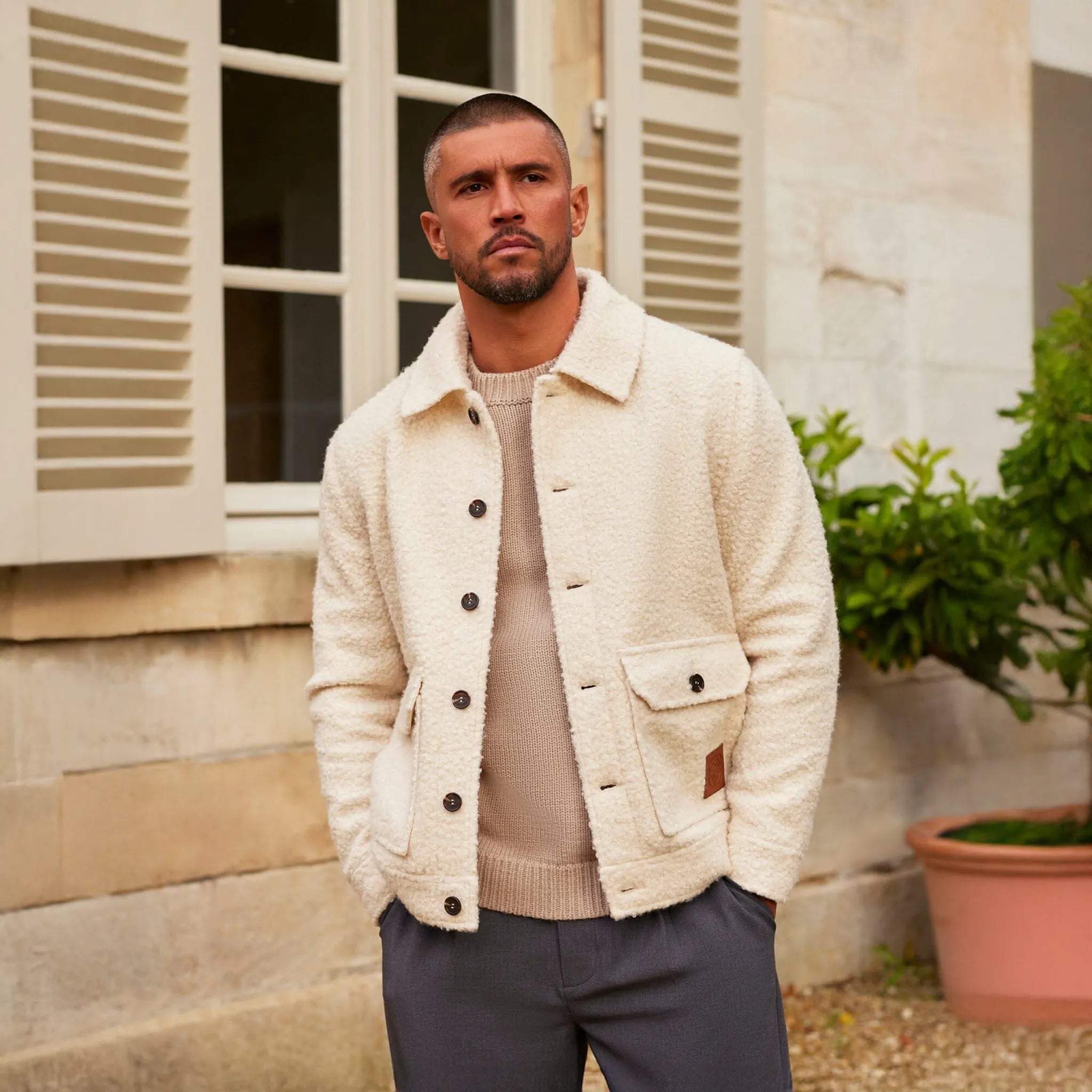 Front View of Belier Boucle Ecru Wool Jacket BM390ECR